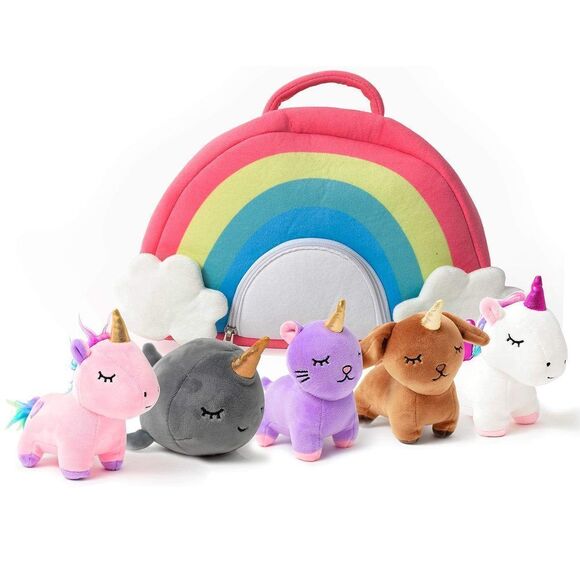 PixieCrush Unicorn Stuffed Animals with Plush Rainbow Bag for Girls - Set of Ra
